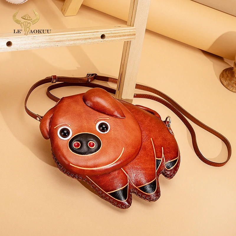 

2021 Real Thick Leather Luxury Designer Women Mini Purse Handbag Ladies Over The Shoulder Satchel Bag Cute Pig 6" Phone Pouch