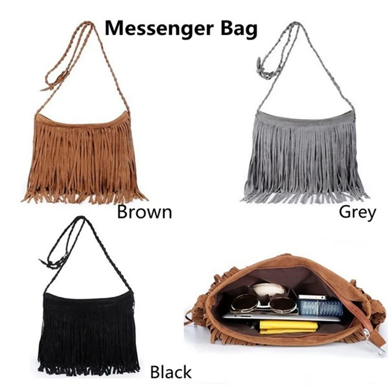 

2020 Womens Tassle Fringe Faux Suede Shoulder Messenger Crossbody Bag Handbag Purse Black Brown White