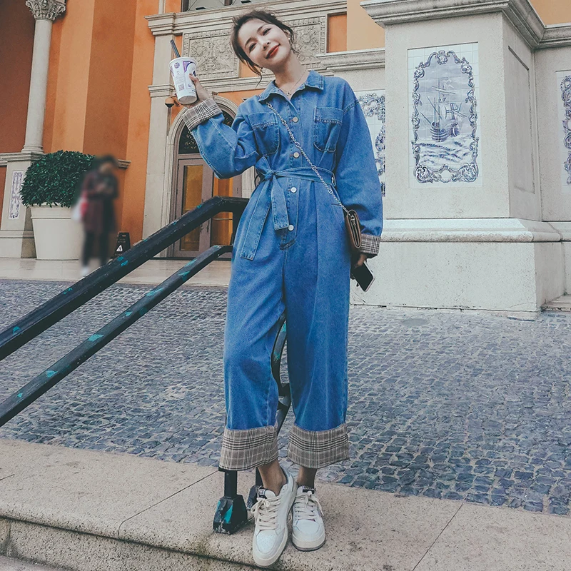 Комбинезон женский клетчатый с длинным рукавом джинсовые брюки-султанки