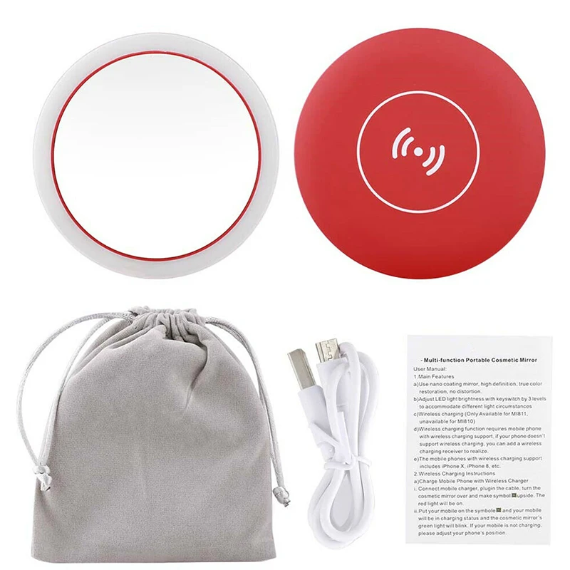 Красный Portable Lighted Makeup Mirror with Wireless Charger for IOS and Android Phone,Vanity Mirrors with LED Lights - Цвет: Красный