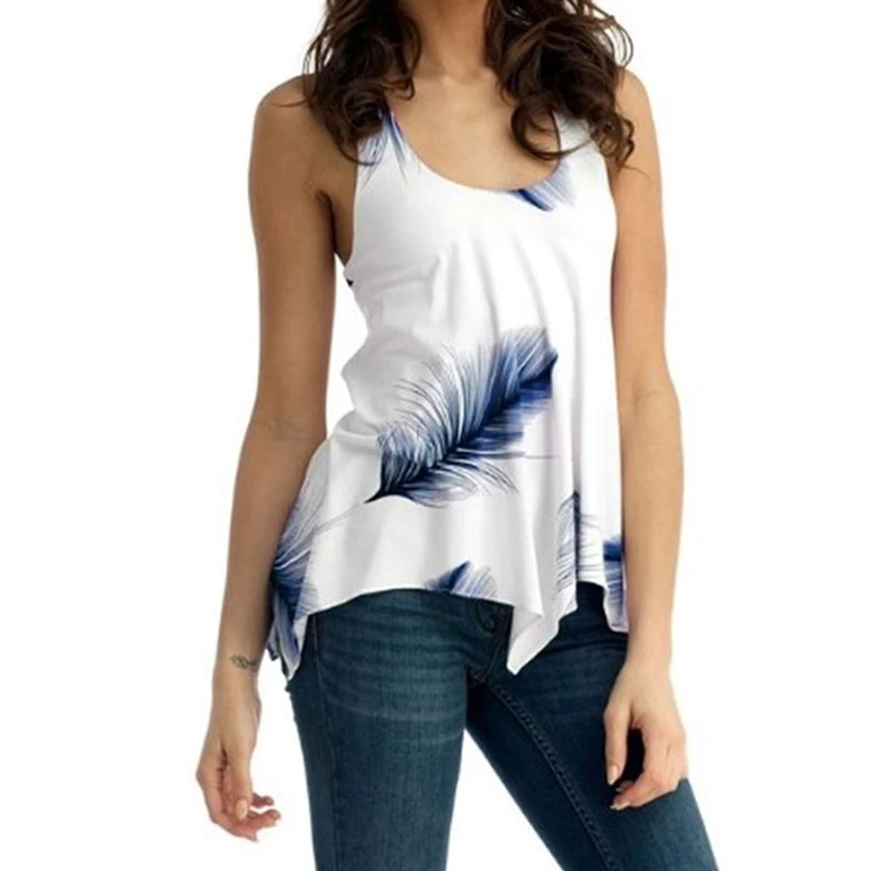 Блузка женская летняя без рукавов с принтом перьев | Женская одежда