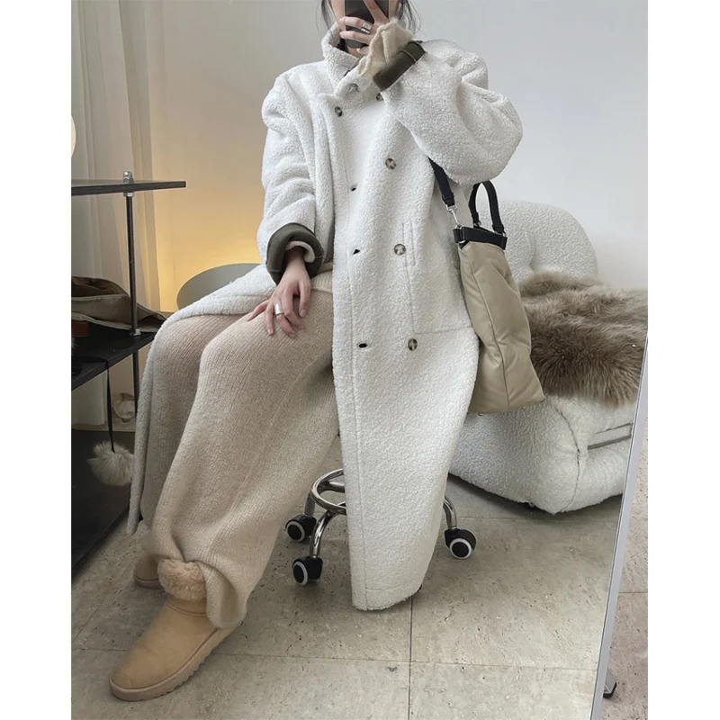 Lamb Wool Coat Lapel Fur One-piece Two-wear Winter New Style Korean Fashion Casual Warm Long Coat Women Full Pelt Wide-waisted