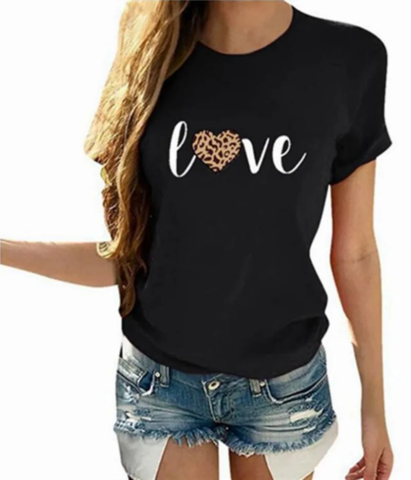 

Women Love Heart Leopard Print Cotton Summer Slogan Ladies Funny Graphics Top Streetwear Letter Tee Hipster Aesthetic T-Shirt