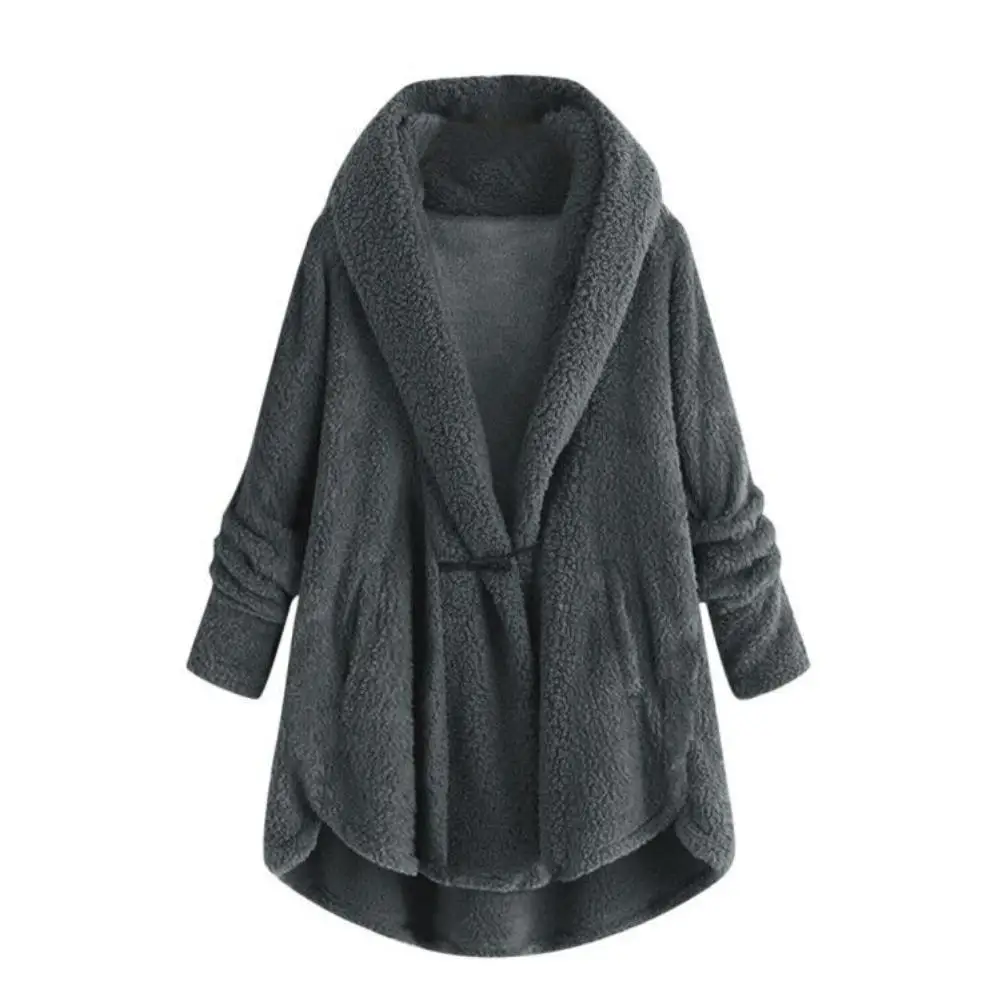 

Plus Size Women Coat Casual Solid Color Horn Button Irregular Hem Warm Hooded Coat Winter Loose Fleece Fluffy Outwear Coats