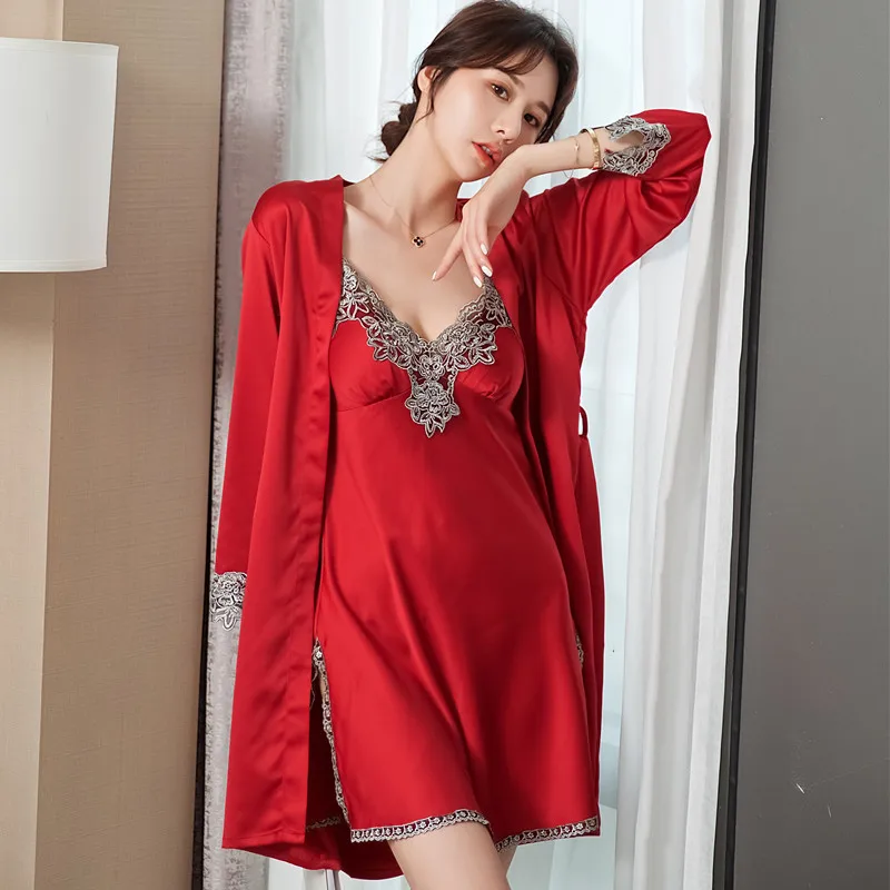 

Комплект женский Шелковый атласный с принтом, пикантная ночная рубашка, банный халат, женская пижама, вискоза, одежда для сна, 2 шт., весна-лет...