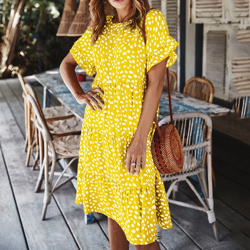 

2020 Summer Elegant Ruffles Print Dot Mini Dress Women Sexy Halter O-neck Short Sleeve Dresses Women Sundress Casual Loose Dress