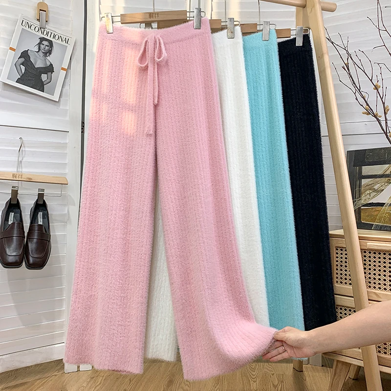 

High waist thick striped mink velvet knit wide-leg pants women's fall/winter loose drape straight-leg casual pants trousers