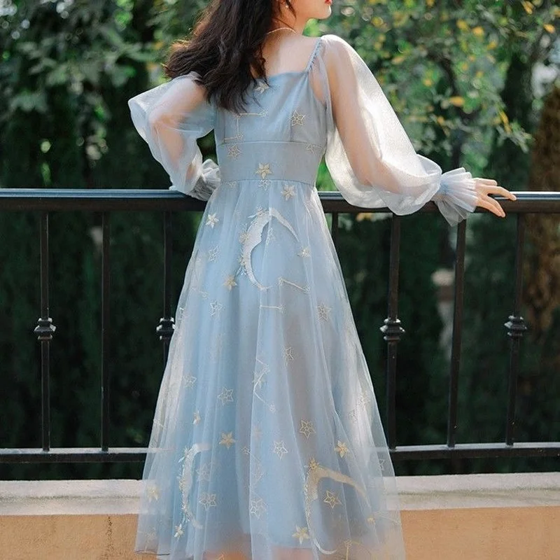 

Elegant Vintage Midi Dress Women Mesh Embroidery French Ruffles Fairy Dress Autumn Long Sleeve Korean Party Dress for Women 2021