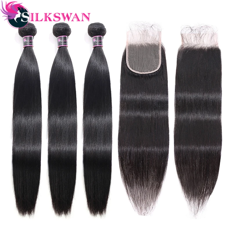Silkswan прямые человеческие волосы пучки с закрытием бразильские для наращивания 4x4