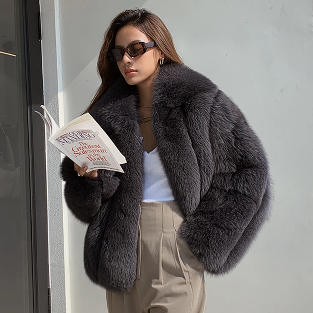 Women's Real Fox Fur Coat Winter Fashion Outwear 2022 Trendy Natural Whole Skin Genuine Fox Fur Coats Lapel Collar Fur Overcoats