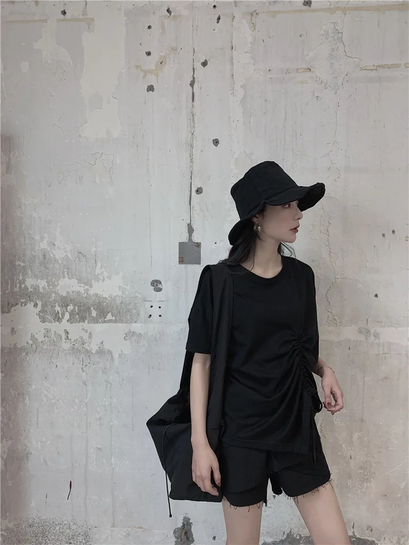

Women T-Shirt Cotton Tops&Tees Drawstring Asymmetric Solid Japanese Oversize Female Tshirt Dark Owen High Street Gothic Harajuku