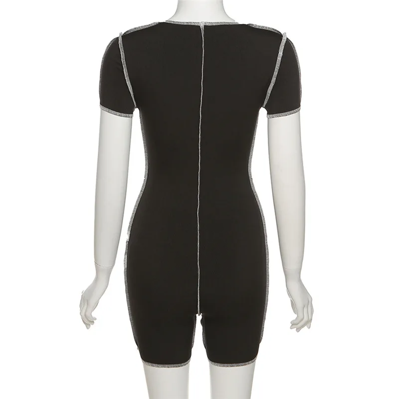 

ANJAMANOR Sexy Sport Bodycon Jumpsuit Women Summer 2021 Contrast Stitch Rib Knit Short Sleeve Deep V Rompers Playsuits D87-BF20