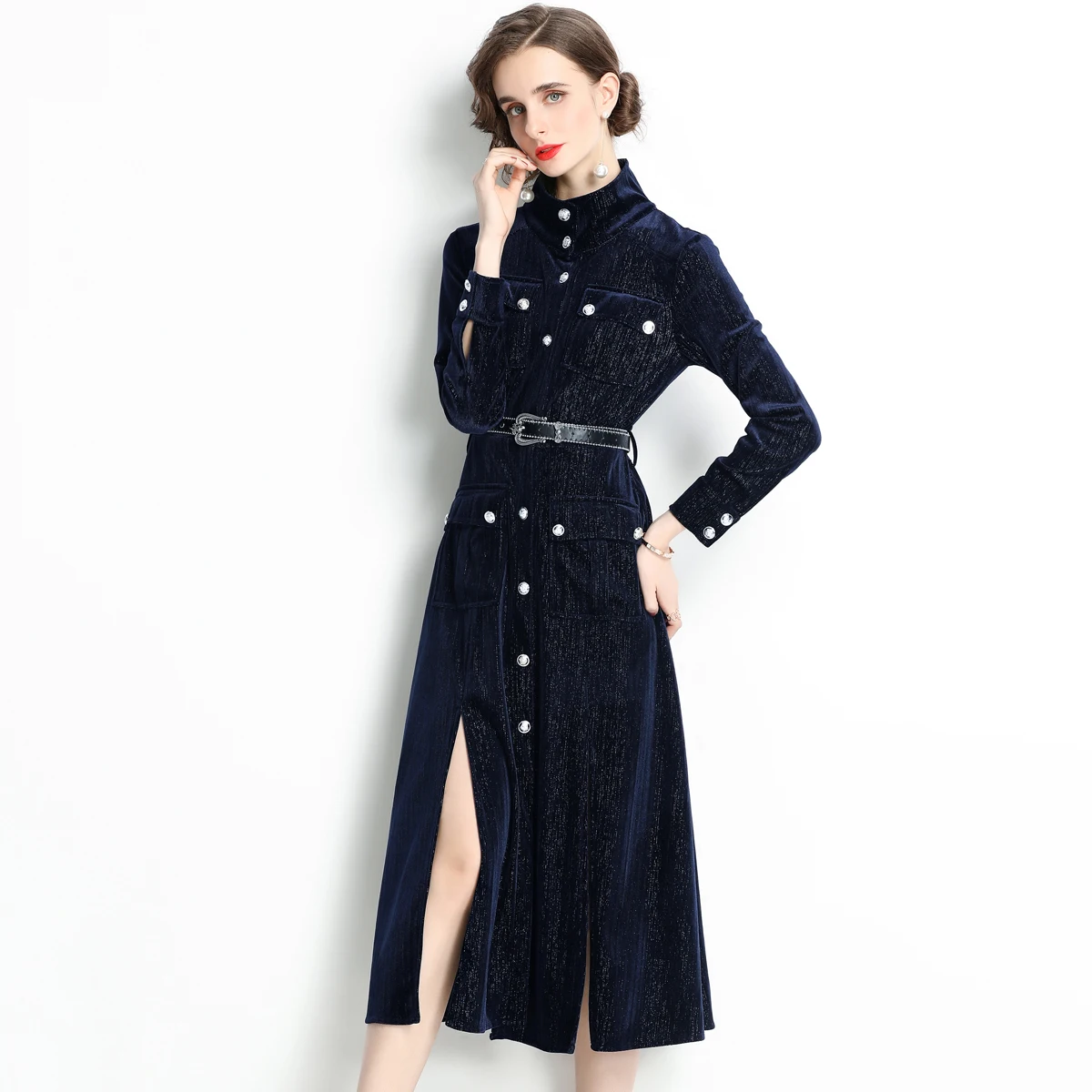 

Simgent Dark Blue Velvet Dress Woman Long Sleeeve Turn Down Collar Single Breasted Vintage Blouse Dresses With Belt SG19276