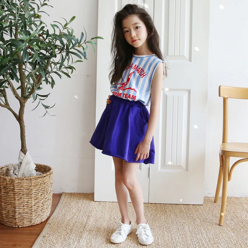 Girls Summer Set Striped Casual Clothing Suit Vest T-shirt + Skirts Children Letter Clothes Family Matching |