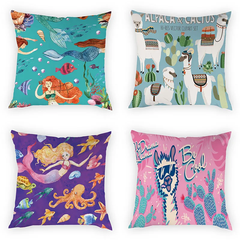 

45*45cm Cartoon Marine Life Cushion Cover Pillowcase Mermaid Octopus Insect Bedroom Decoration Peach Skin Pillowcase