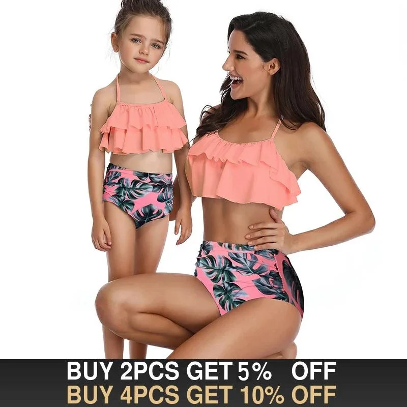

2021 Women Swimsuits Summer High Waist Swimwear Floral Beachwear PLANT Bikinis Set Mother and Daughter Two Piece Swimwear Girls