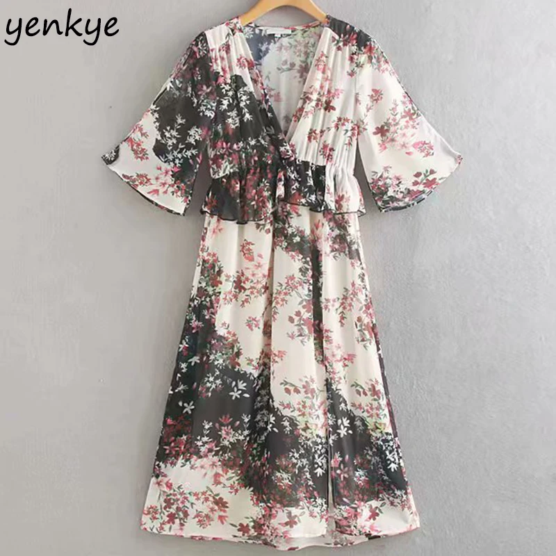 2019 женское винтажное летнее шифоновое платье с цветочным принтом романтическое v