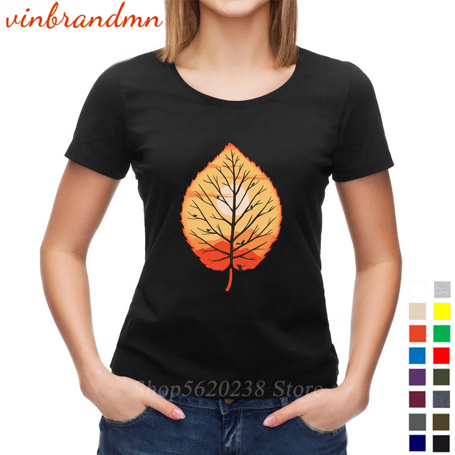 Забавные женские модные футболки с принтом заката внутри осени листьев коротким