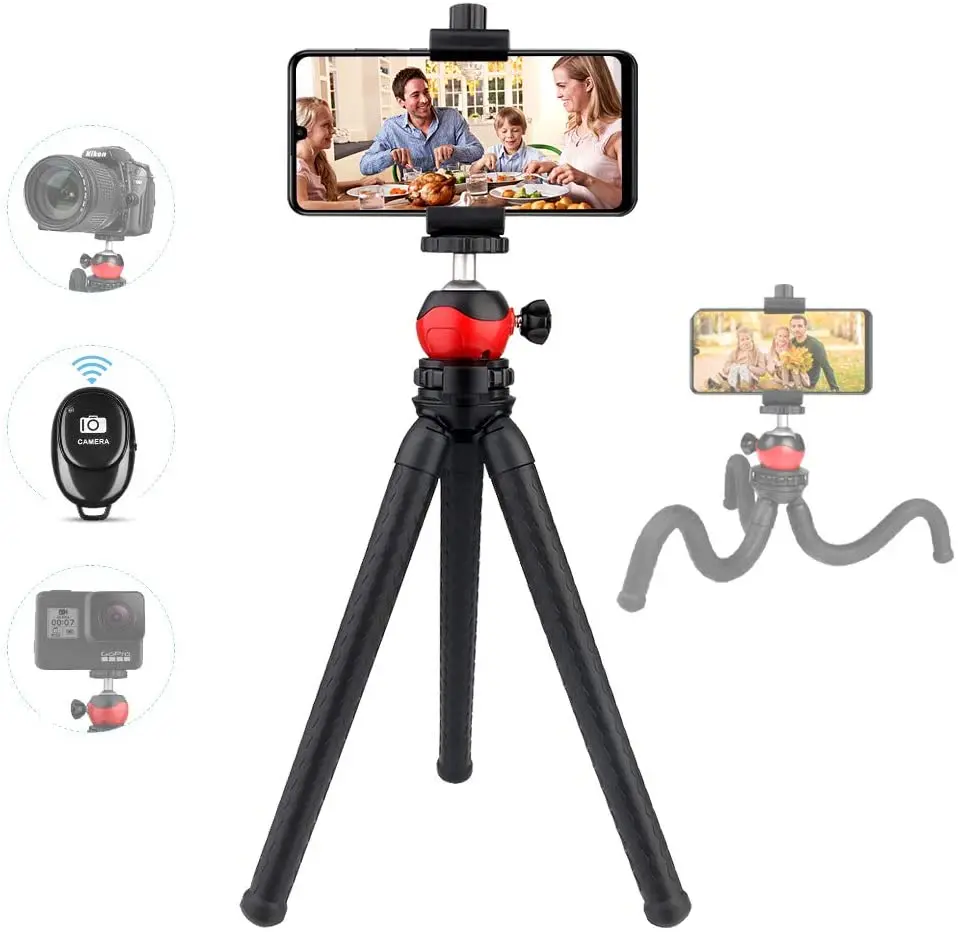 

Phone Tripod, Octopus Tripod Stand with Flexible Legs, Phone Holder and Wireless Remote, Suit for Cell Phone/DSLR