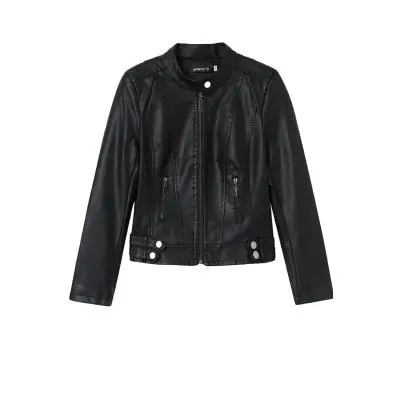 

Autumn new style motorcycle slim fit short long sleeve stand collar black leather dress women's PU leather jacket oversized