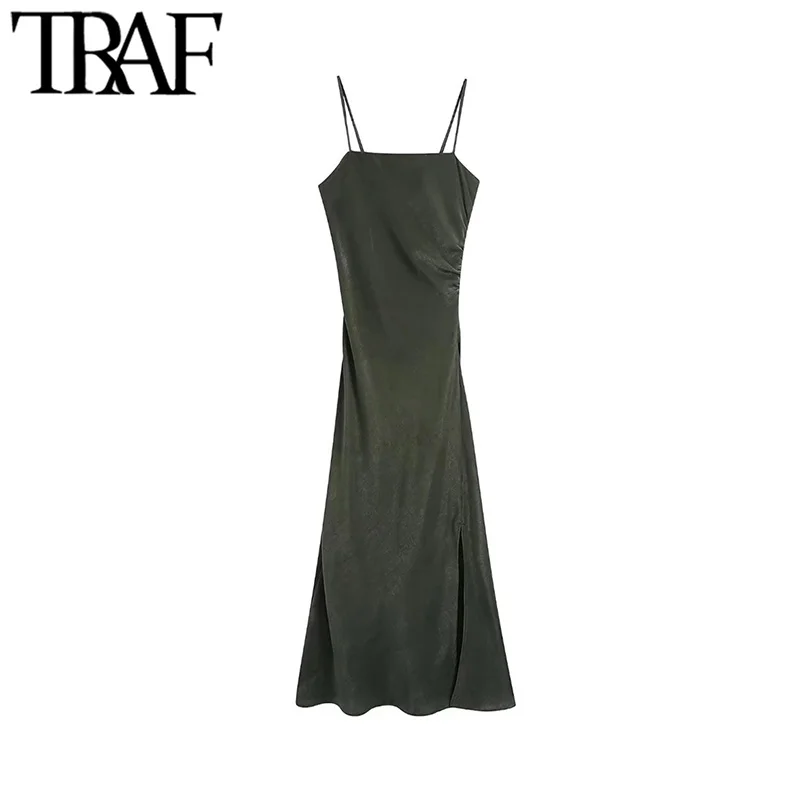 

TRAF Women Fashion Soft Touch Front Slit Midi Camisole Dress Vintage Backless Side Zipper Thin Straps Female Dresses Mujer