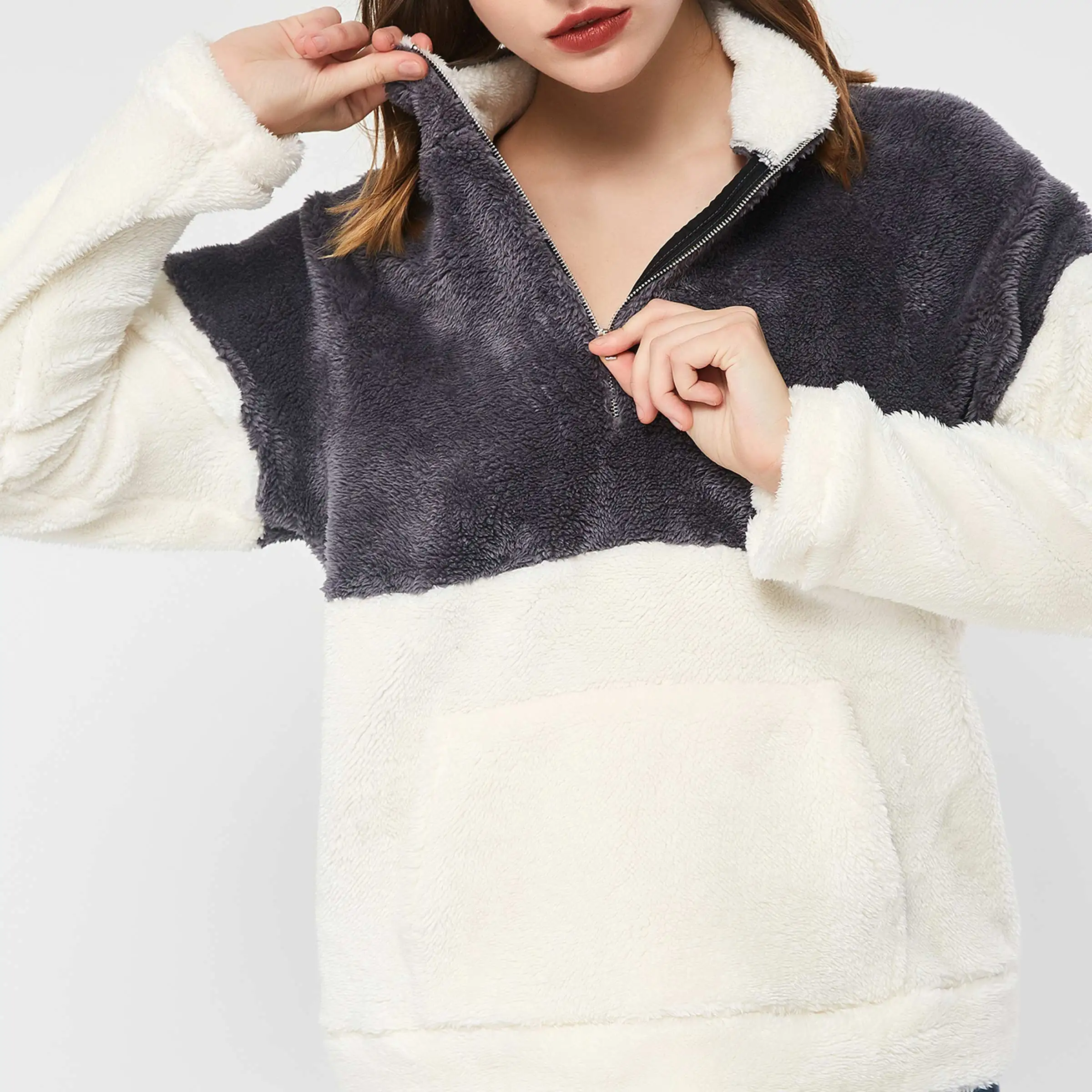

Flannel Sweatshirt Women Autumn Winter Top Patchwork Zipper Streetwear Hipster Thick Warm Loose Female School Casual Sweatshirts