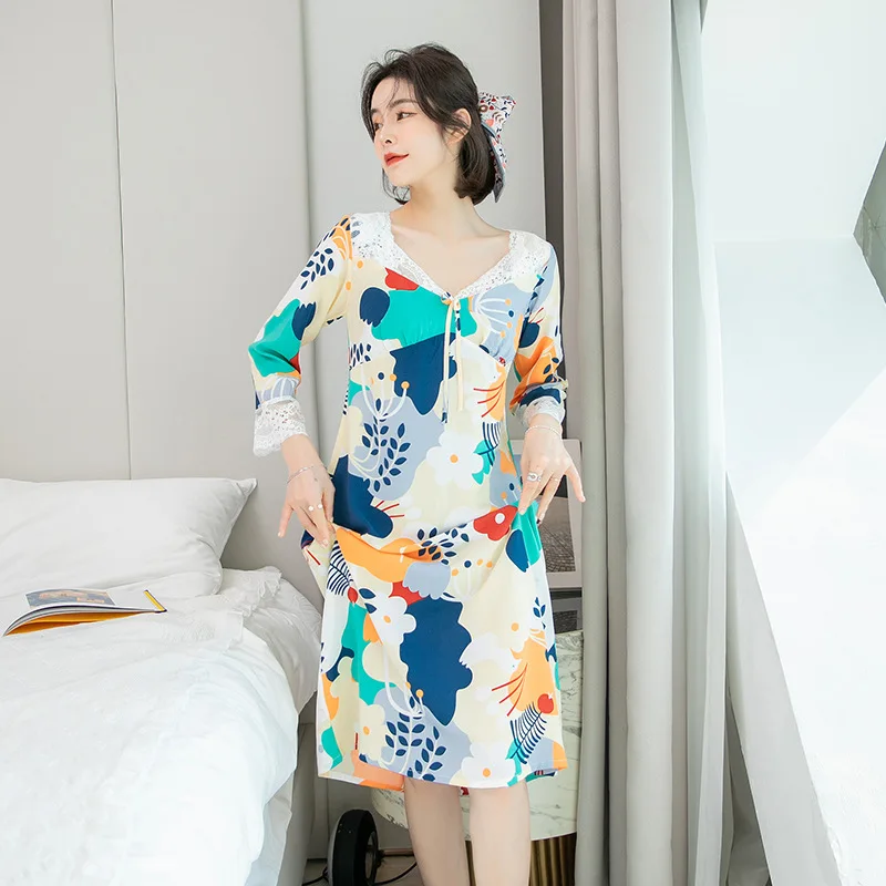 Ночная рубашка с длинными рукавами v образным вырезом одежда кружевное платье