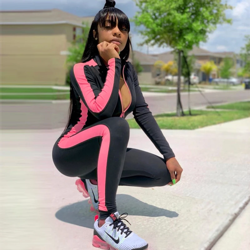 Dulzura осенне-зимняя женская одежда комбинезон уличная сексуальный Облегающий комбинезон с длинным рукавом боди фестиваль элегантная одежда для активного отдыха - Цвет: Розовый