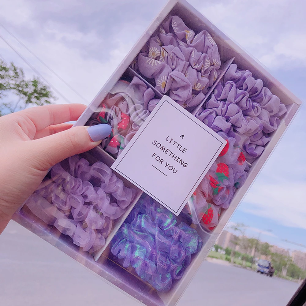 

16/18/20/24pcs/ Box Purple Department 6 Grid Installed Chiffon Elastic Hair Band Printing Gauze Ponytail Holder Hair Accessories