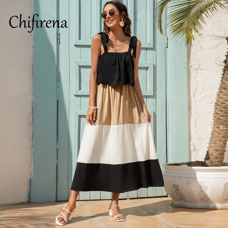 

Chifirena Summer Patchwork Maxi Dress 2021 Spaghetti Strap Loose Beach Long Dresses Elegant Sexy Sundress Swing Vestidos Female