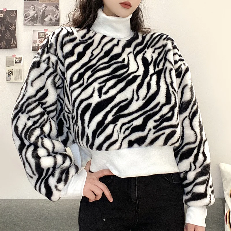 

Fashion Sweatshirt Women Casual Turtleneck Pullover Top Autumn Winter Long Sleeve Animal Print Loose Streetwear Tops