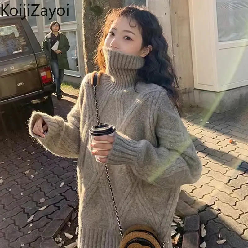 

Koijizayoi Sweet Women Solid Turtleneck Sweater Fall Winter Chick Warm Jumpers Lady Fashion Loose Pullovers Chic Korean Tops