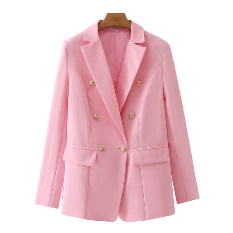 

Women Fashion Double Breasted Fitted Blazer Coat Vintage Long Sleeve Flap Pockets Female Outerwear Chic Veste
