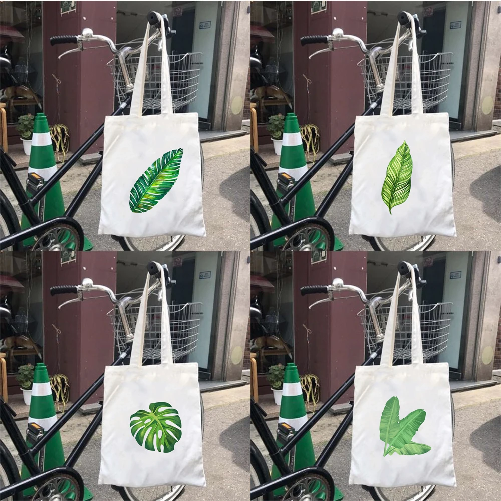 

Banana Leaf Printed Canvas Shopping Bags Women Reusable Shoulder Bag Foldable Storage Bag Large Capacity Casual Organizer Pouch