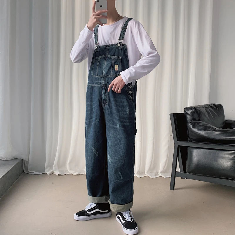 2021 High Quality Overalls Men's Loose Jeans Jumpsuits Big Pocket Hi Street Distressed Denim Bib Suspender Pants Blue Trousers