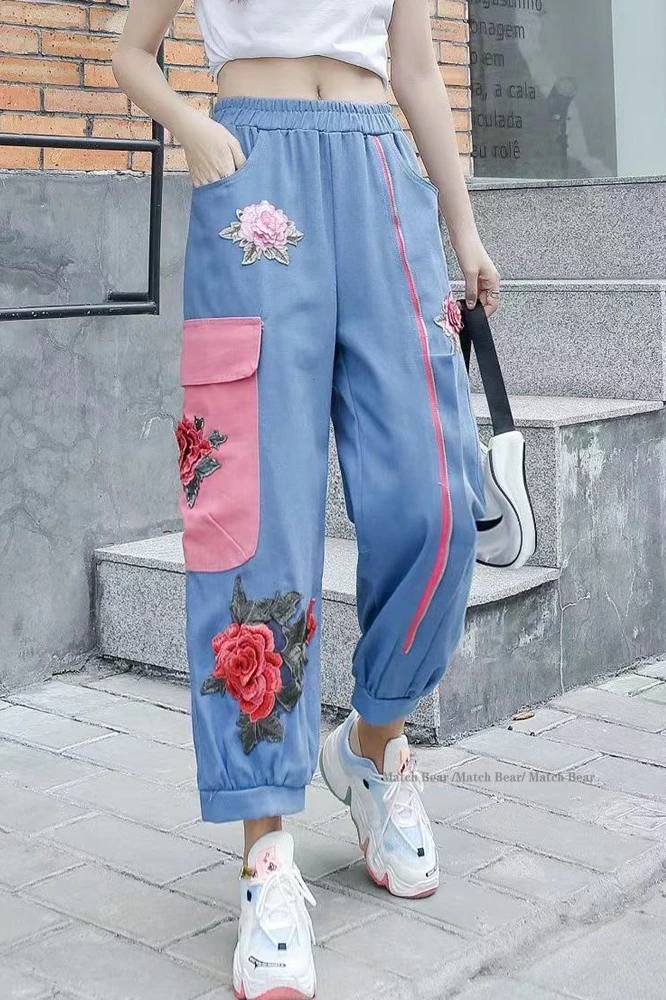 

Wide leg pants 2021 summer new Korean version loose large size was thin temperament Chinese style embroidery casual pants women