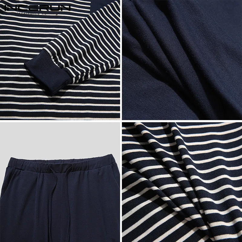 

INCERUN Men Cotton Pajama Sets Long Sleeve Striped Tops Drawstring Pants Homewear Suits Fashion Man Comfy Button Sleepwear S-5XL