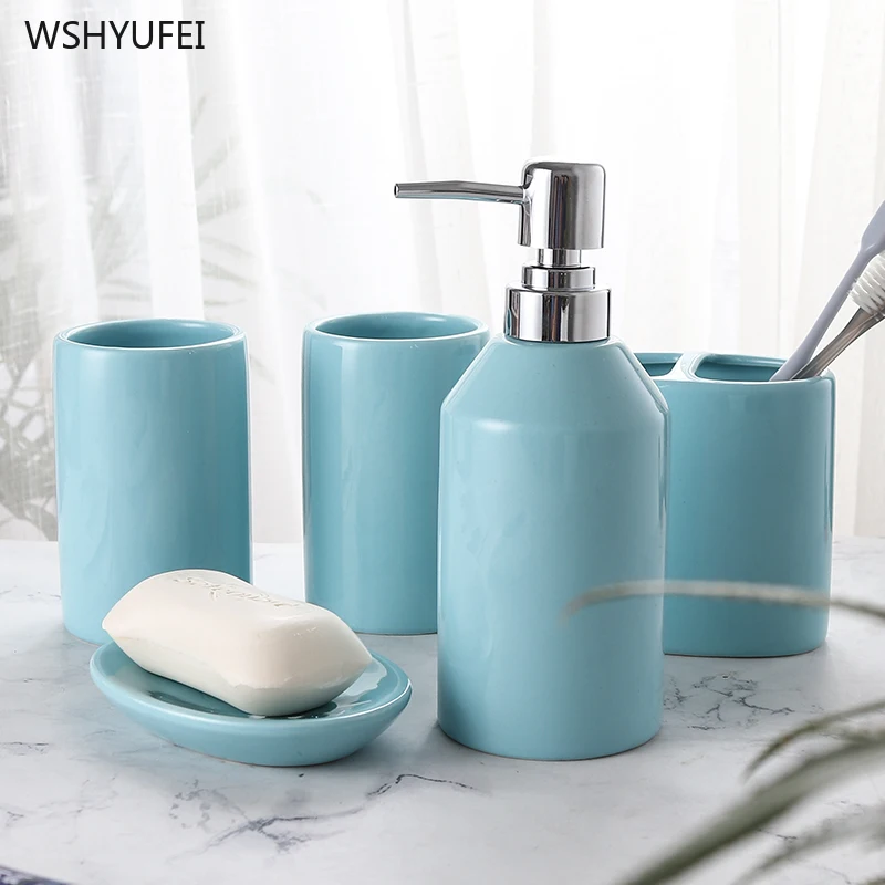 

Simple ceramic bathroom accessories set macaron color soap dispenser pump bottle home couple gargle cup soap dishwashing tool