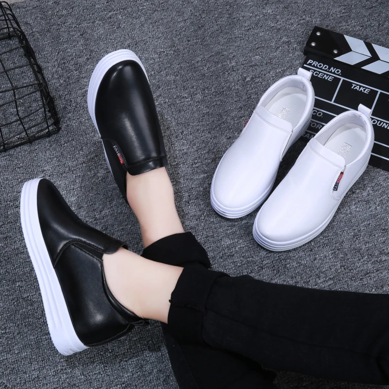 

Increasing Loafers Platform Slip on Flat Shoes Side Zip Leather Casual Shoes Woman Flats White Shoes Ladies zapatos mujer 7670