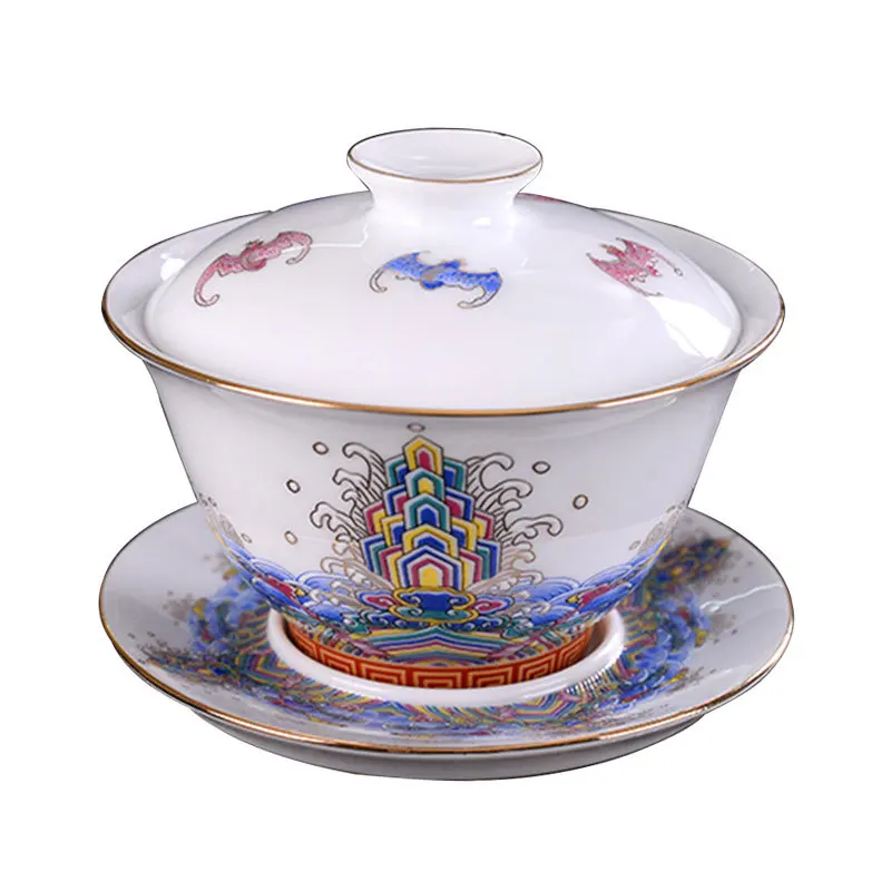 Chinese Ceramic Gaiwan Tea Set Teaware Sancai Traditional Lid Bowl Saucer Handmade Brew Cup 150ml | Дом и сад