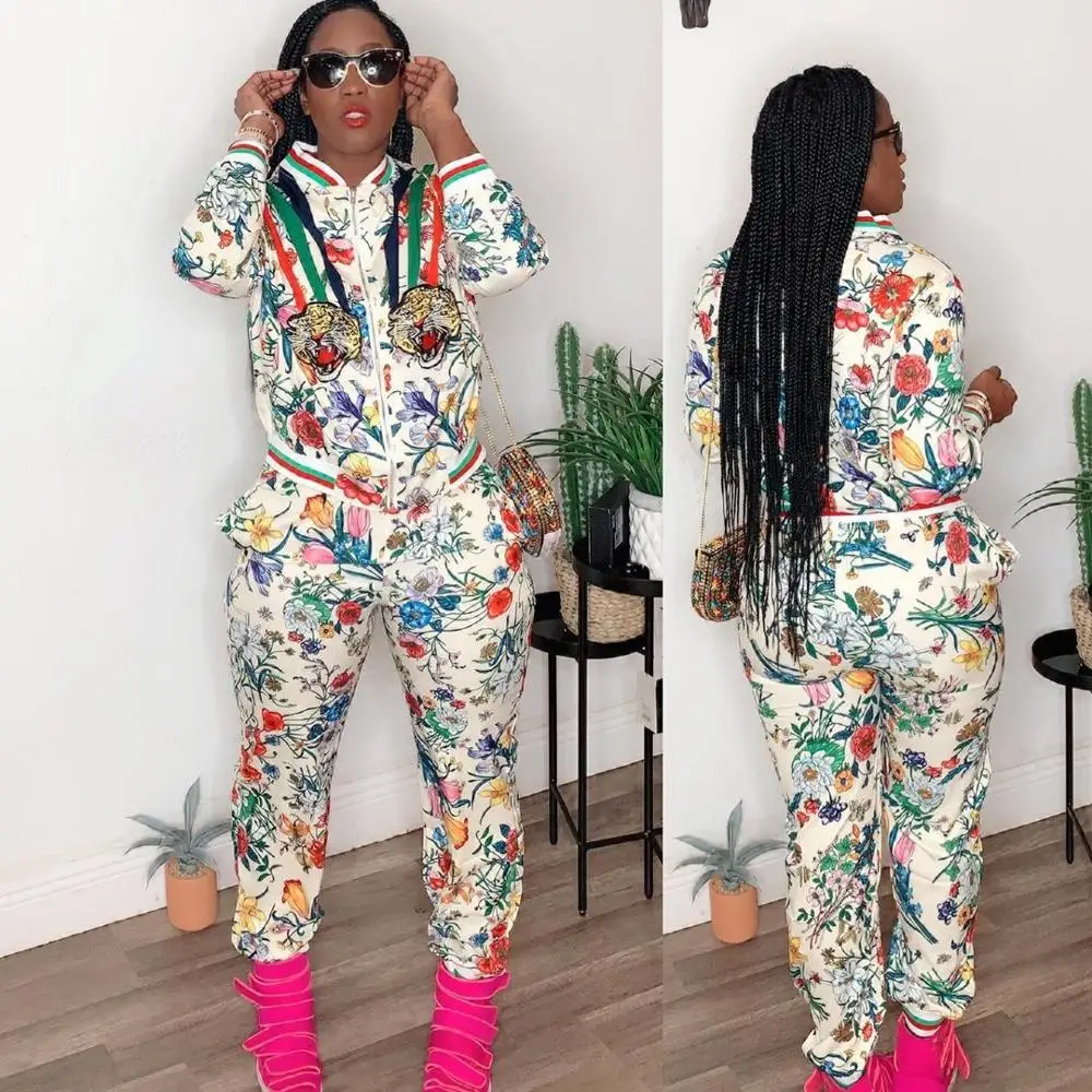 Casual print lady set zipper full sleeve coat and long pants two piece autumn clothing casual outfit DMN039 | Женская одежда
