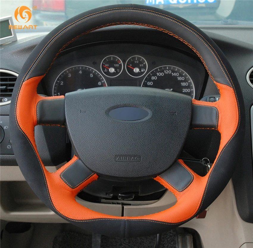 Черно-оранжевая кожаная замшевая обивка рулевого колеса для автомобиля Ford Focus 2 2005-2011.
