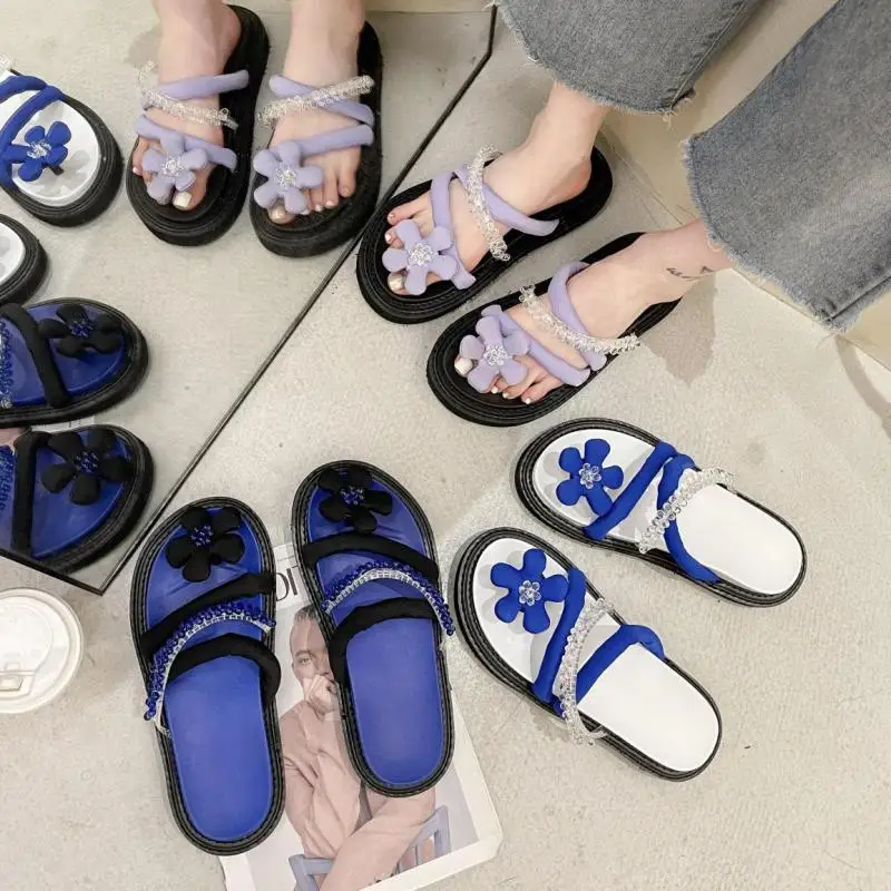 2021 New Summer Women Air Flower Dewdrop Slippers Flat Bottom Open Toe Slippers Female Casual Thick Sole Outdoor Beach Slides