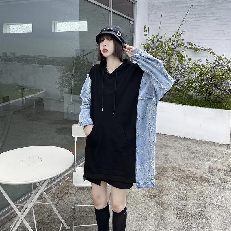 Женская толстовка с капюшоном Max LuLu черная джинсовая Толстовка длинным рукавом и