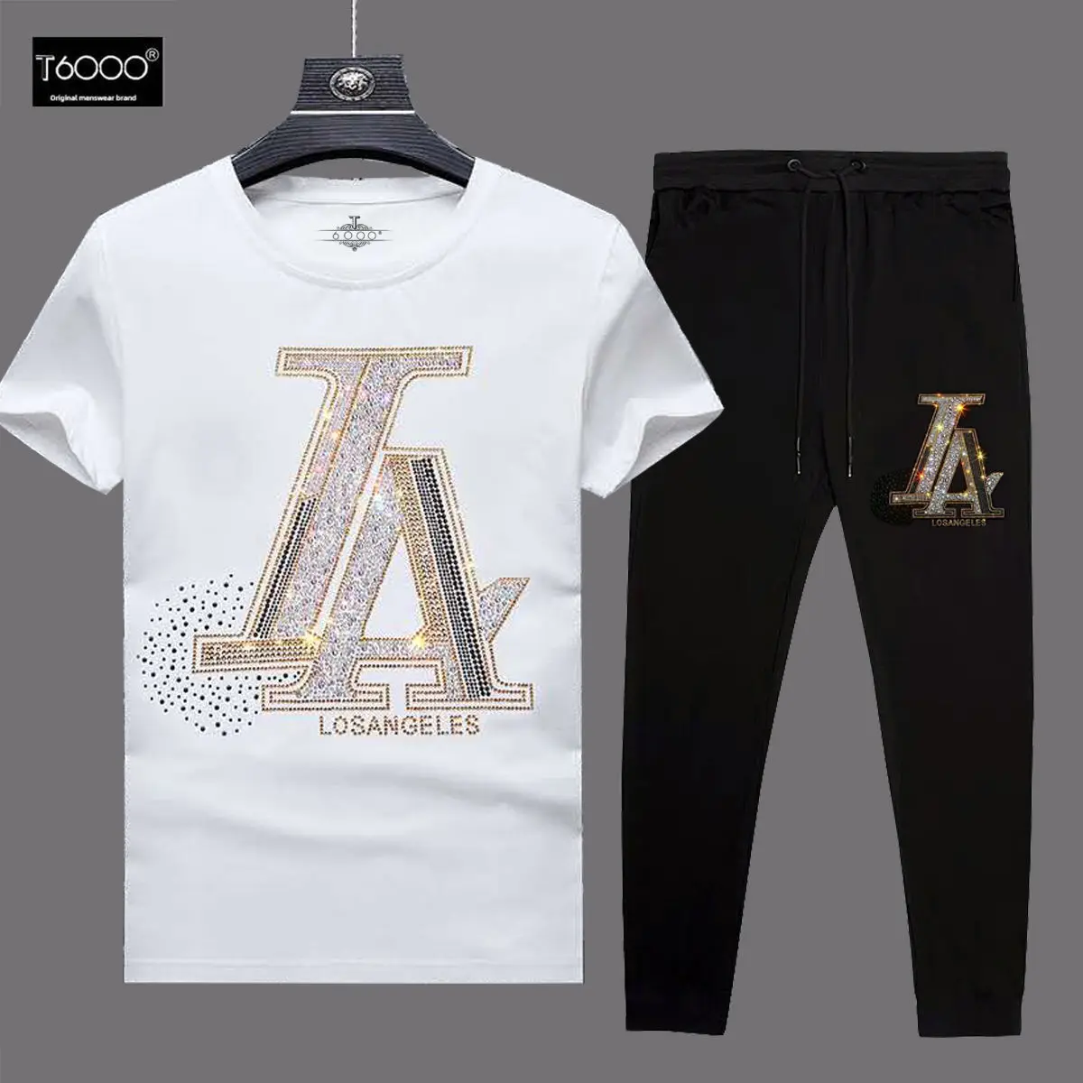 

2021 Summer Trendy Half Sleeve Student Versatile Social Youth Suit Rhinestone Hot Fixed Short Sleeve T-shirt Casual Trousers Men