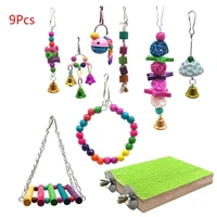 9pcsset parrot swing chewing toys wood hanging bell bird cage hammock perches r7rc