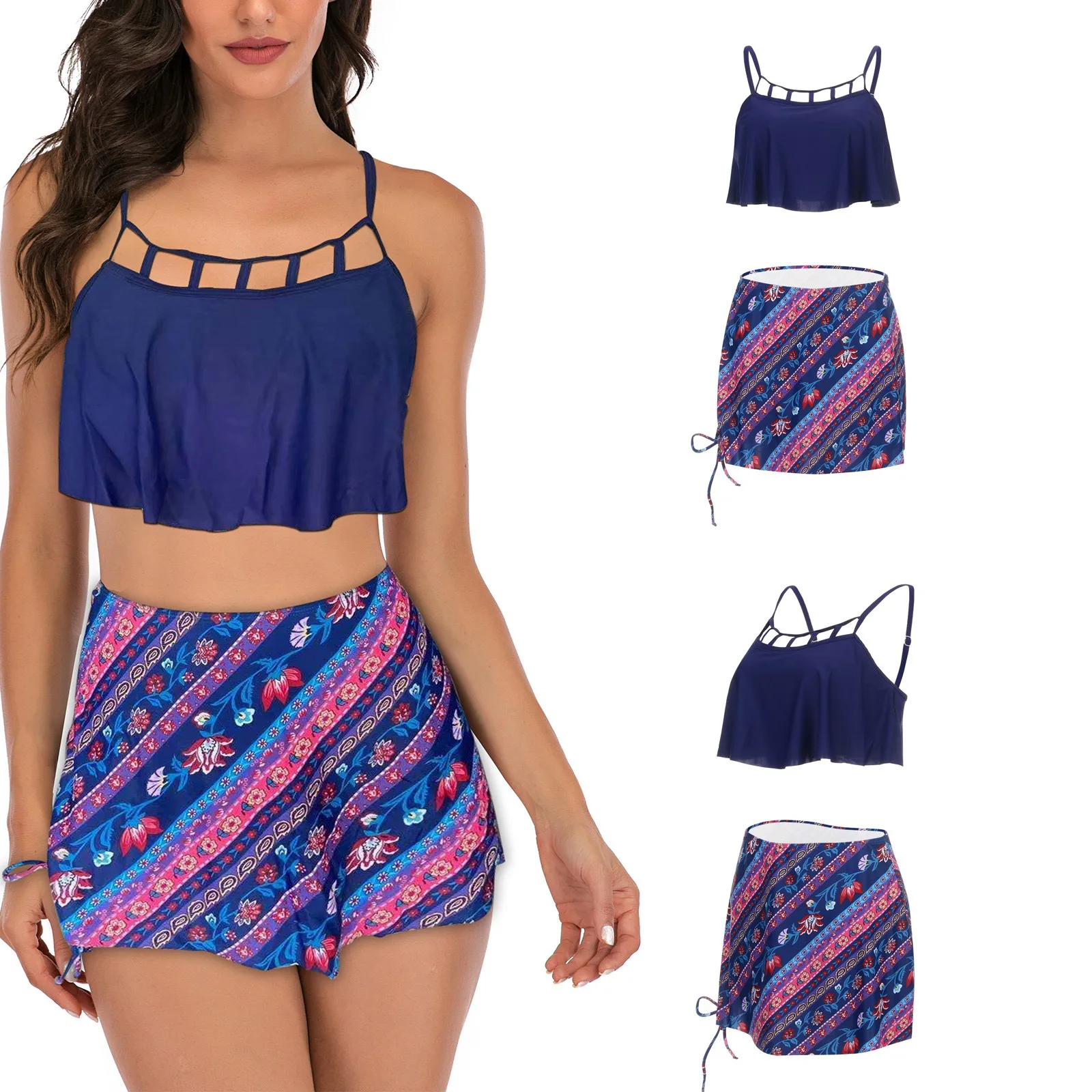 

Женский купальный костюм с рюшами, купальник пуш-ап, тонкий бикини на бретельках с принтом, пляжный стиль, сексуальный купальник и шорты, тан...