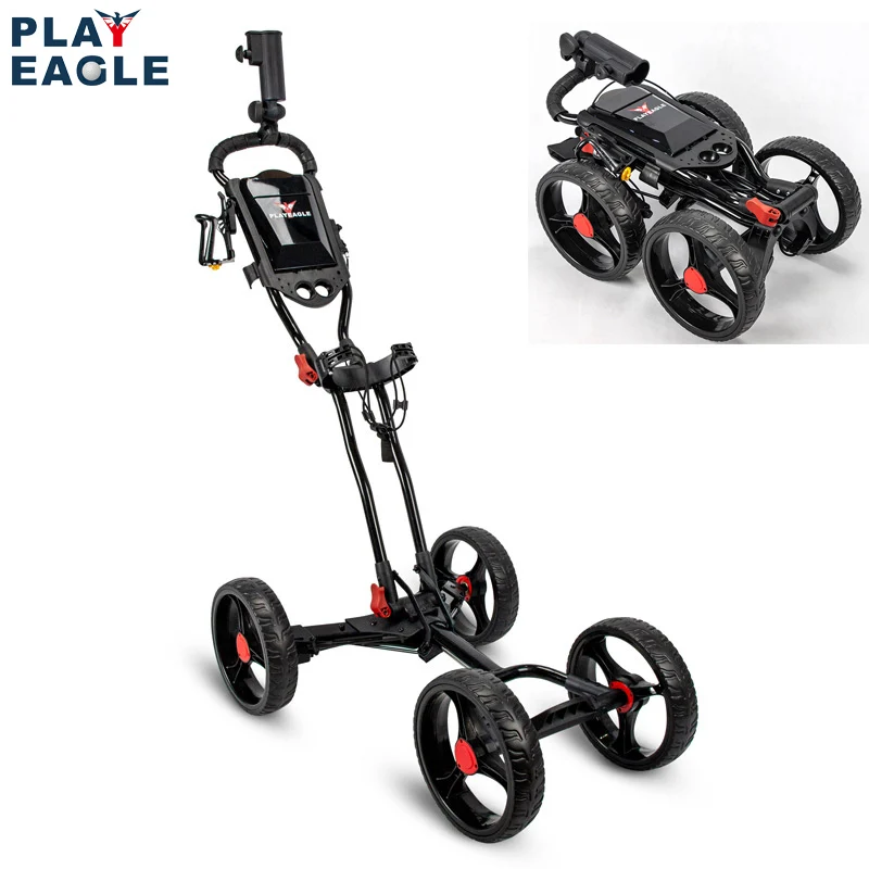 PLYEAGLE Foldable 4-Wheel Golf Trolley with Fixed-point Brake Umbrella Holder Aluminum Alloy Golf Bag Push Pull Cart Trolley