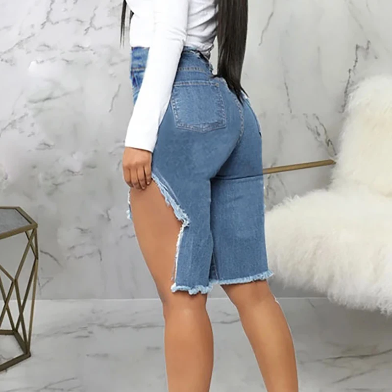 

Sexy Washed Ripped Hole Knee Length Denim Shorts Women Push Up Elastic High Waist Destroyed Short Blue Jeans Summer Streetwear