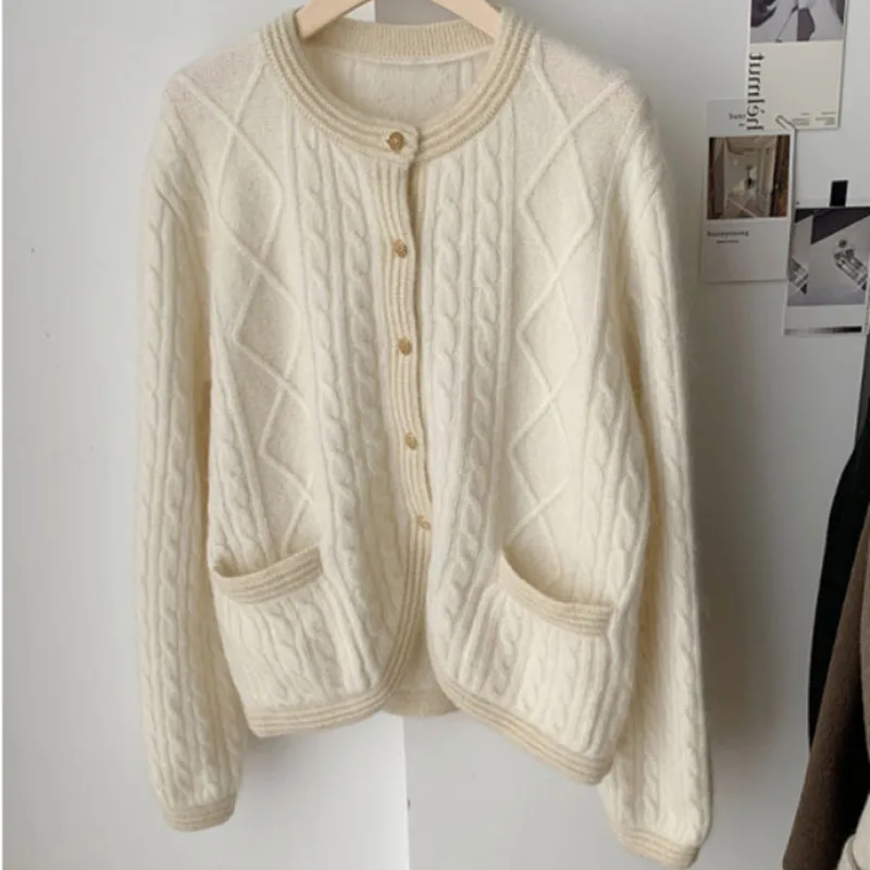 

Elegant Knitted Cardigans Single-breasted Slim Loose Twisted Sweater Coat Female 2021 Autumn Winter Long Sleeve Tops Pull Femme